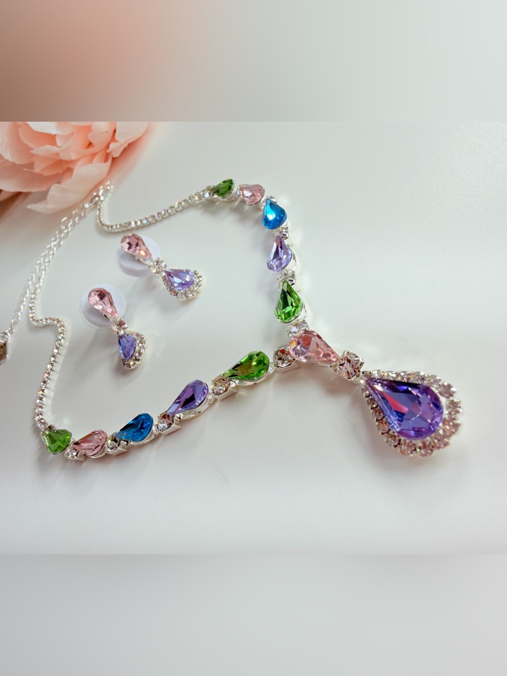 Multicolor Teardrop Crystal Necklace & Earring Set - Women Jewelry